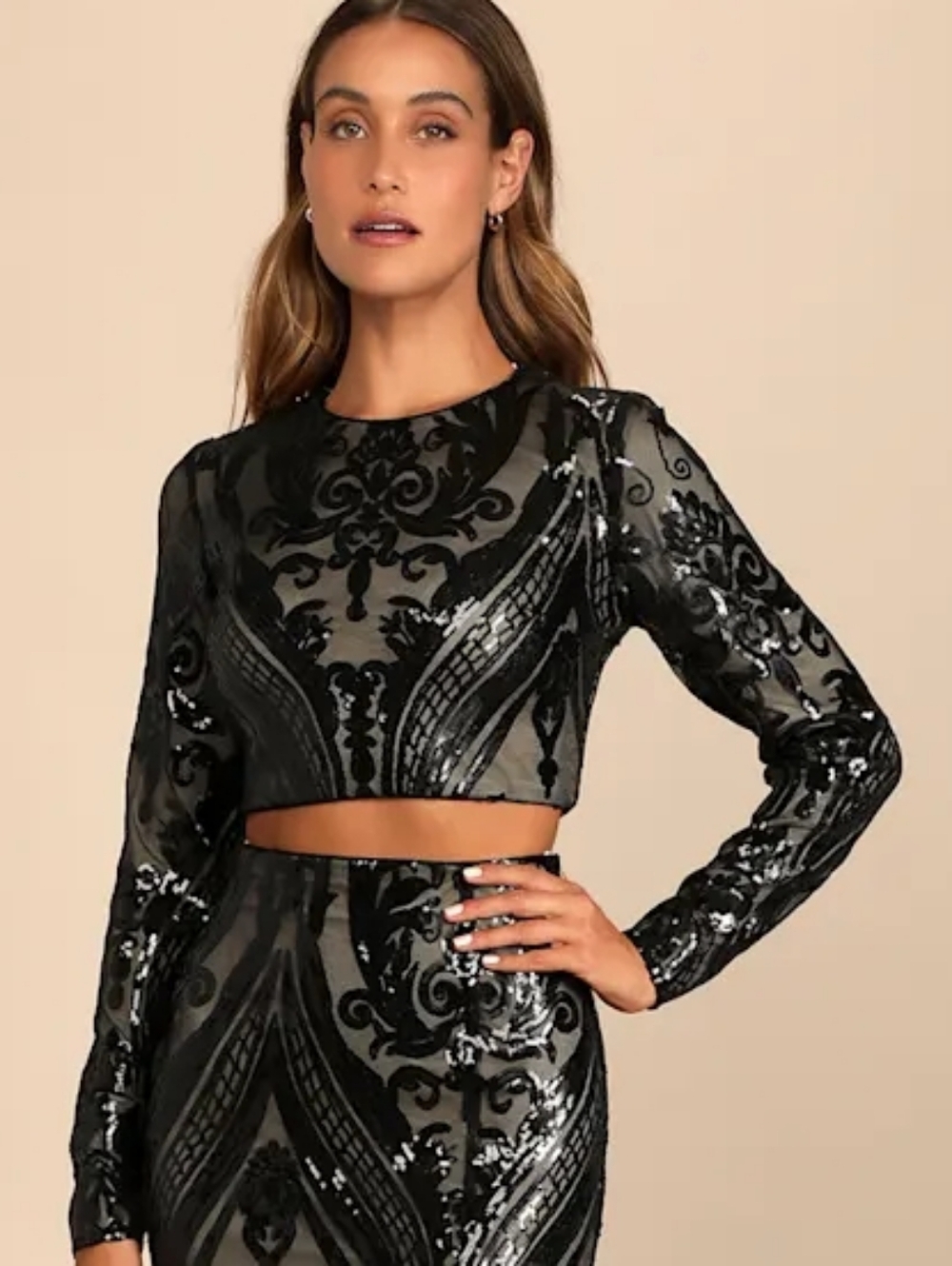Lulu's Black Sequined Long-Sleeve Crop Top